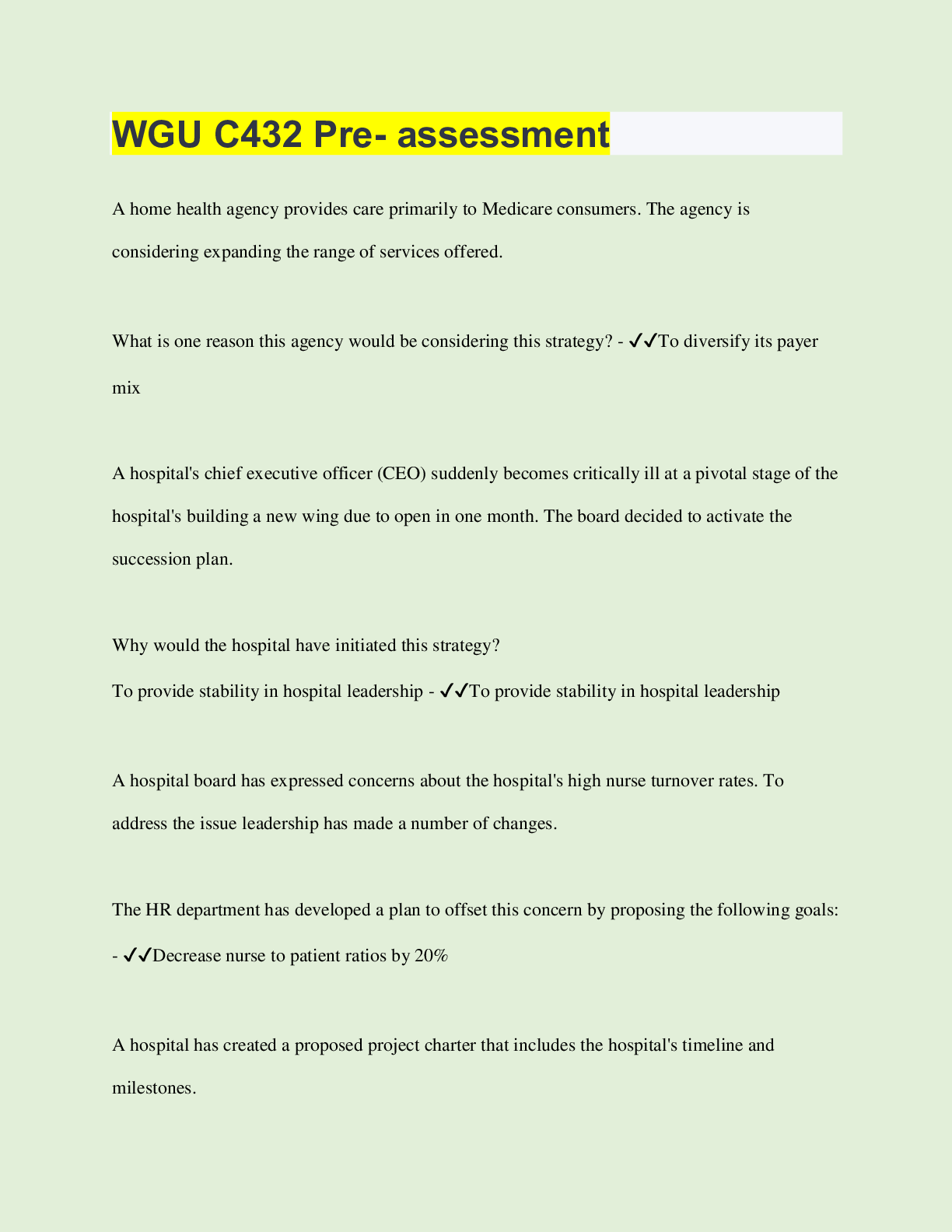 Preview of WGU C432 Pre- assessment | 66 Questions with 100% Correct Answers | Verified | Latest Upda
